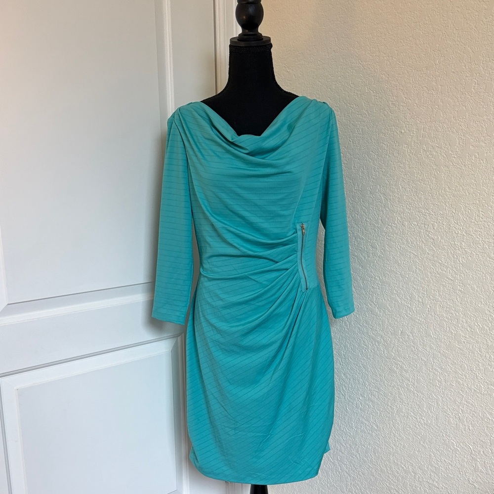 Tahari Teal Long Sleeve Dress with Draped Neckline